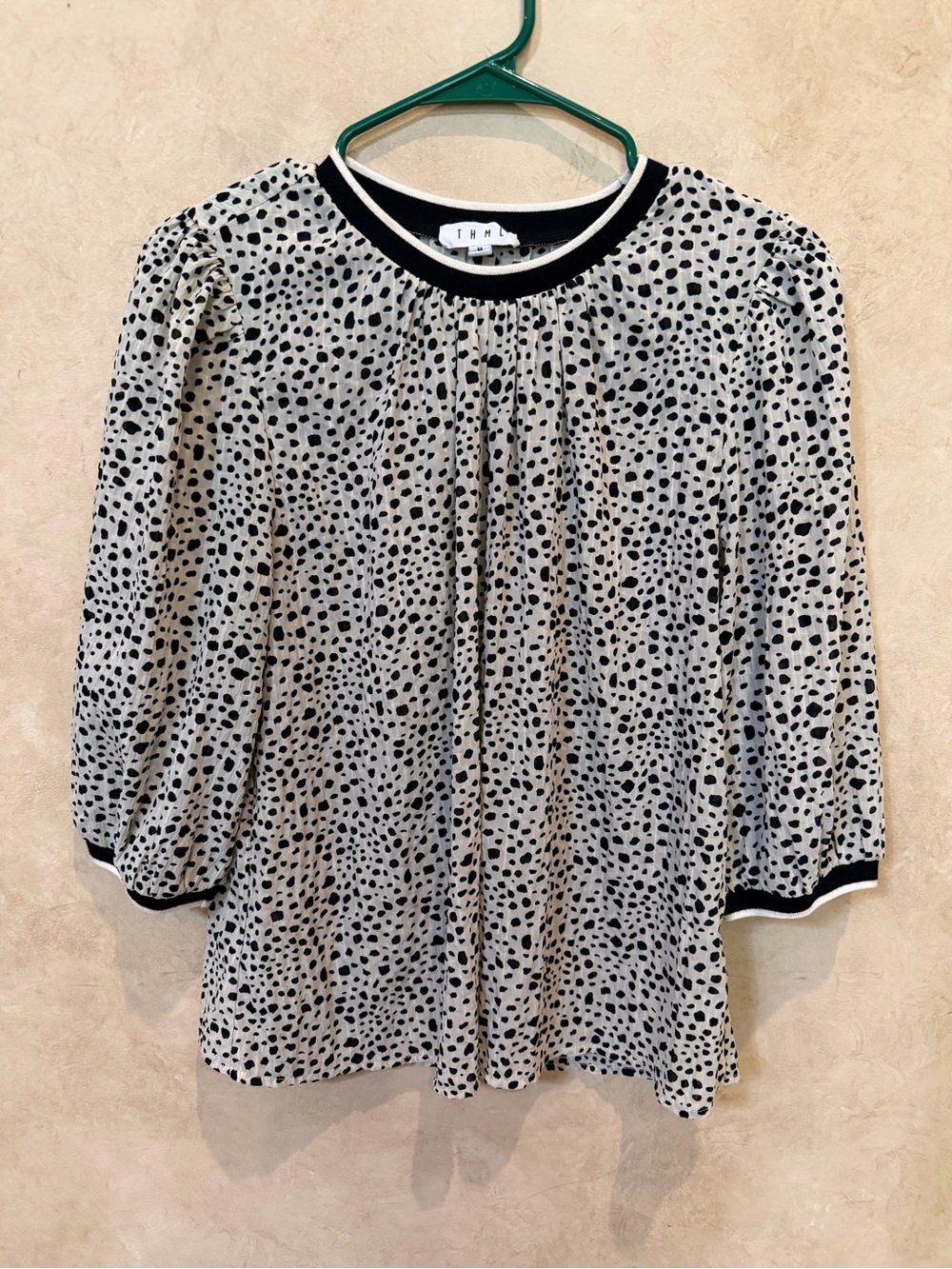 THML Anthropologie Cream Blouse with Black Spot Print and Trim edgy chic medium